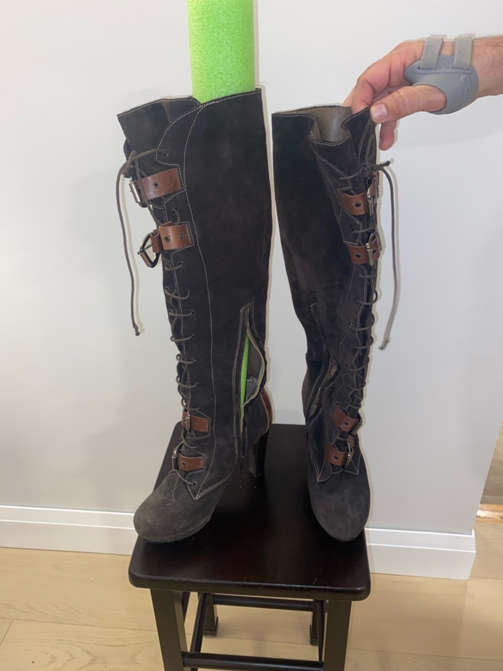 Napoleoni Italy Women's Tall Lace-Up Suede Boots in Dark and Light Brown Accents